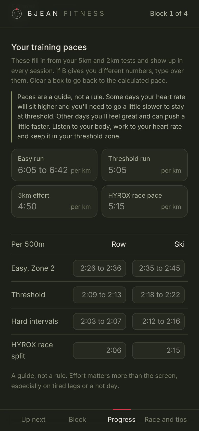 Training paces calculated from test results