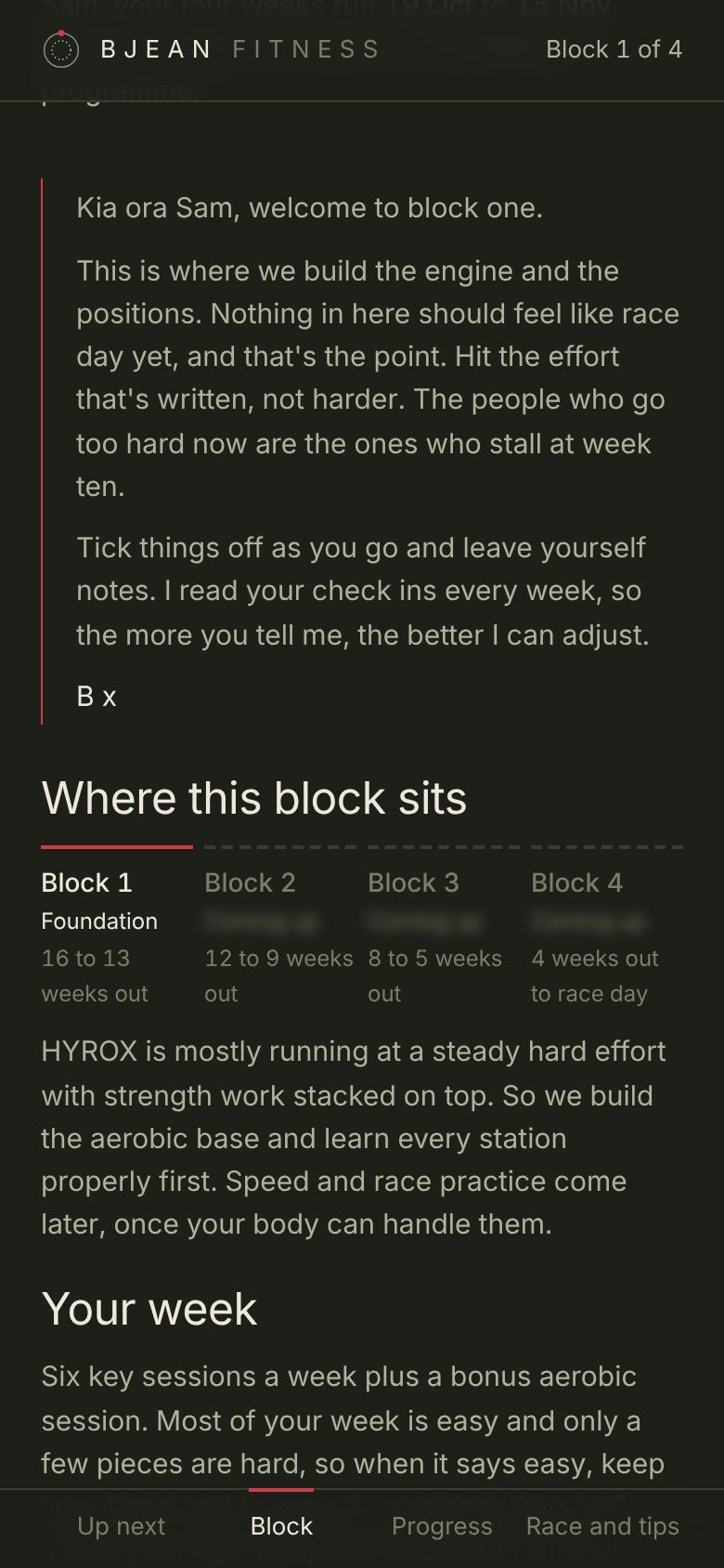 Coach note at the start of the block