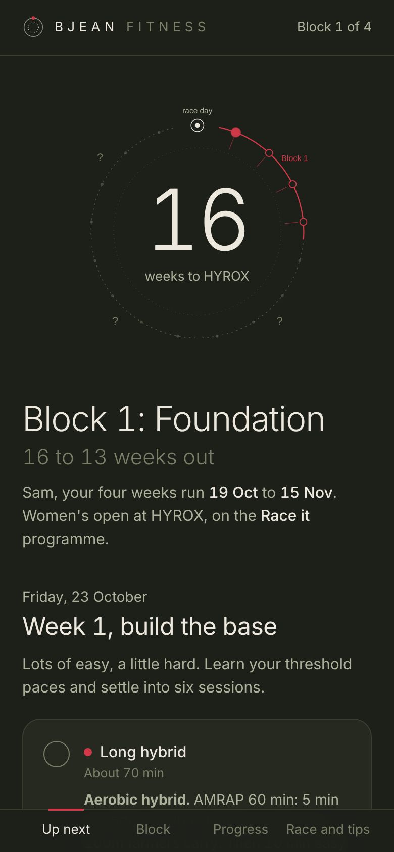 Countdown ring showing 16 weeks to race day