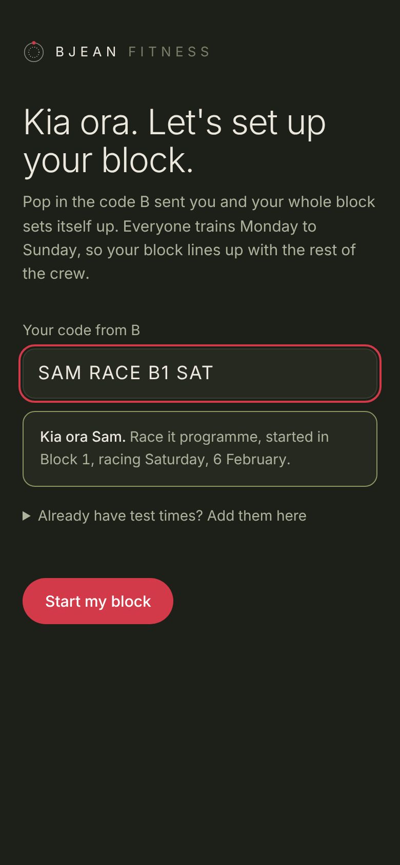 Block setup screen with a code entered